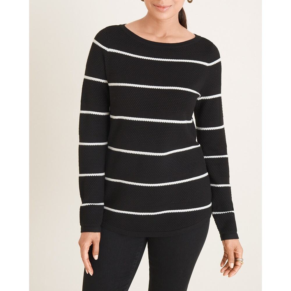 Chico's Sweater 4 XXL‎ Textured Stripe Bateau Neck Knit Pullover Black White